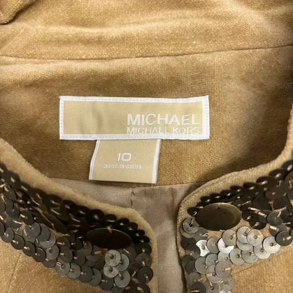 MICHAEL KORS WOMENS SIZE 10 SEQUIN KHAKI CLASP CLOSURE JACKET - Picture 3 of 7